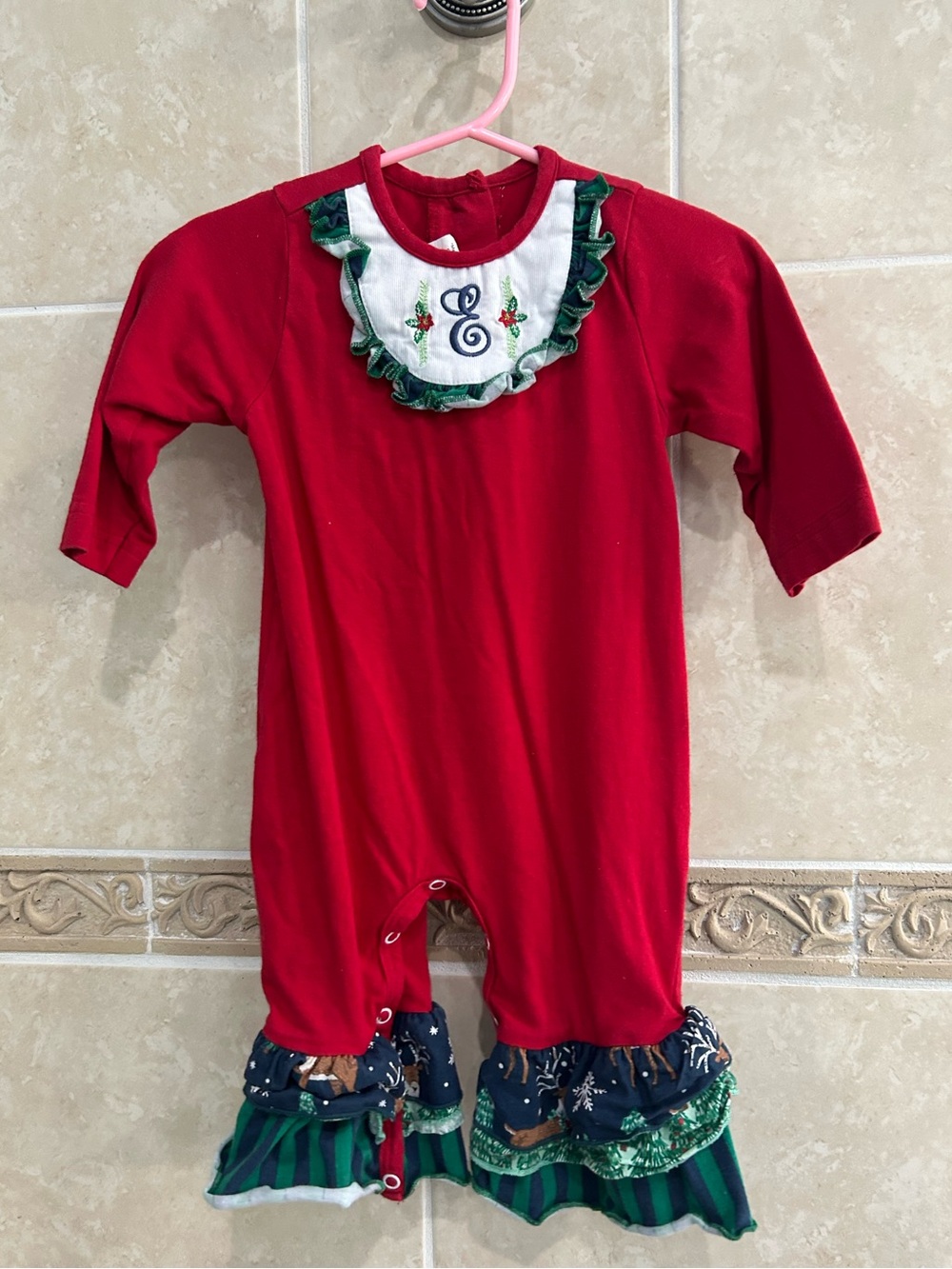 Ricrac & Ruffles E monogrammed Christmas romper